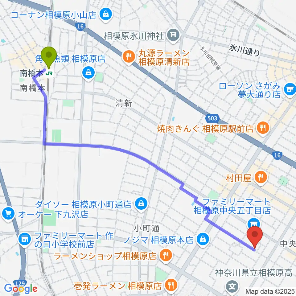 南橋本駅からますみ・おんがく・きょうしつへのルートマップ地図