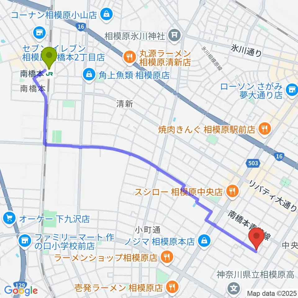 南橋本駅からますみ・おんがく・きょうしつへのルートマップ地図