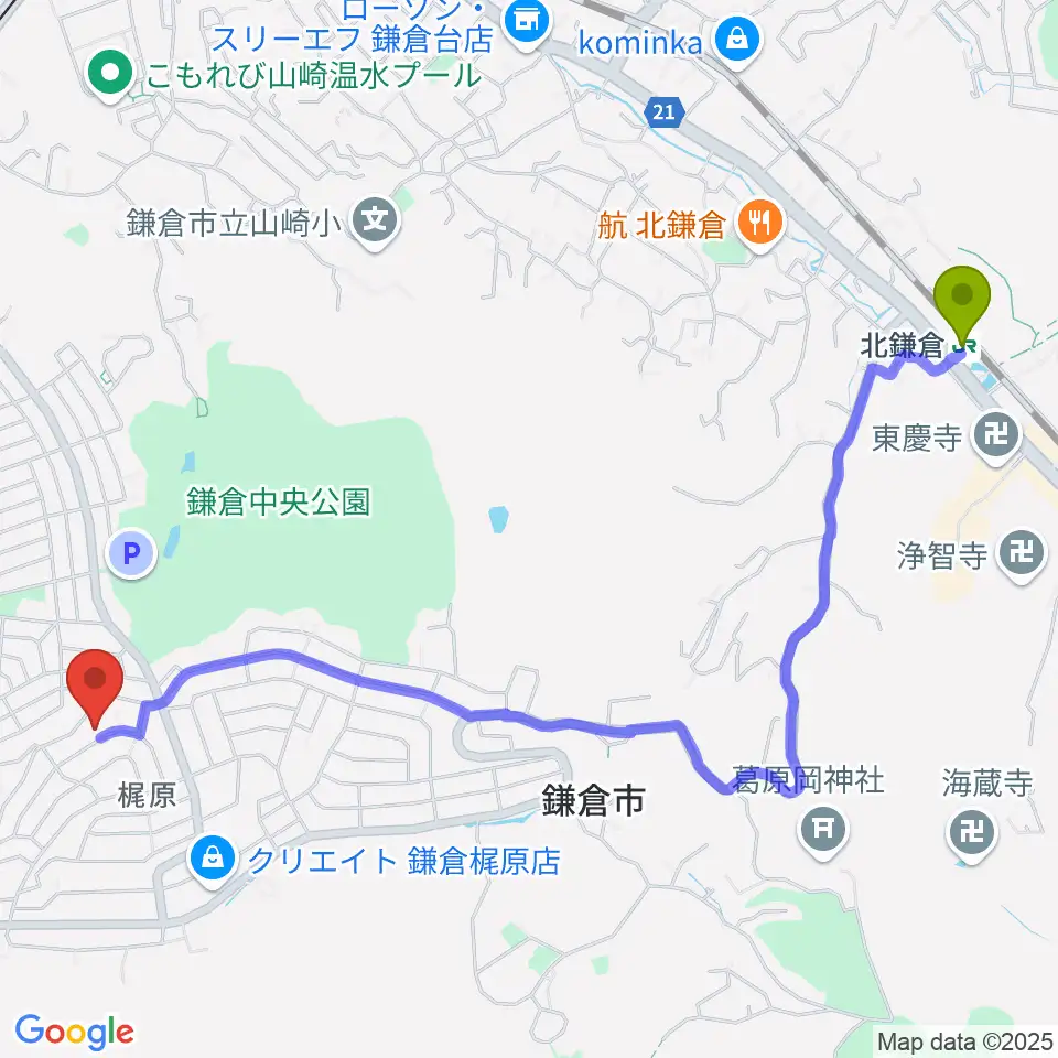 北鎌倉駅から藤原音楽教室へのルートマップ地図