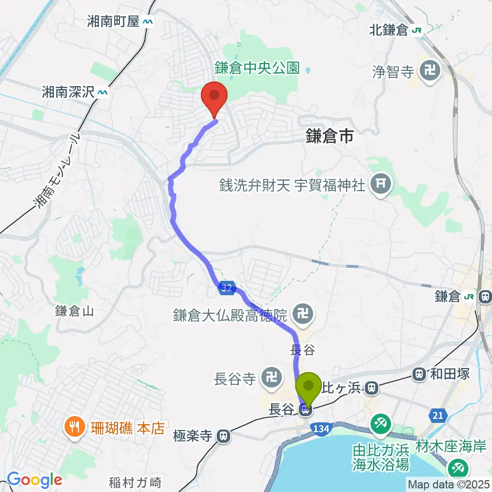 長谷駅から藤原音楽教室へのルートマップ地図