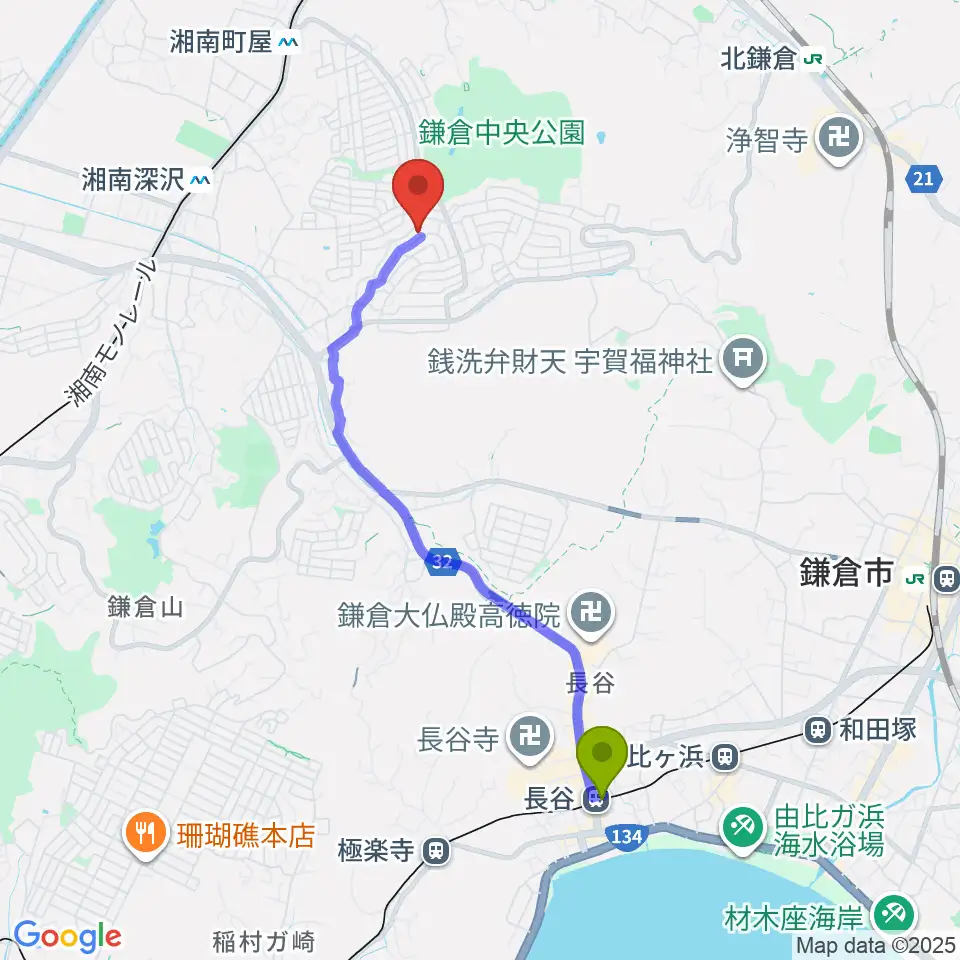 長谷駅から藤原音楽教室へのルートマップ地図