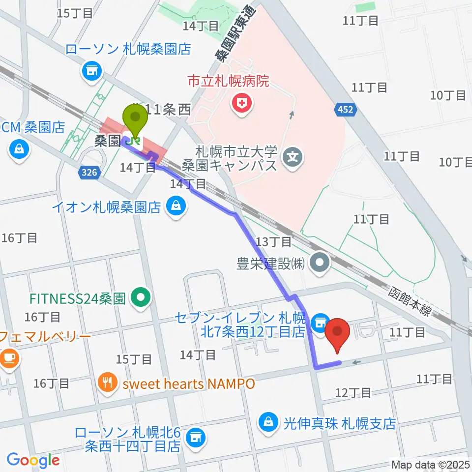 メリフラウズサウンド桑園教室の最寄駅桑園駅からの徒歩ルート（約9分）地図