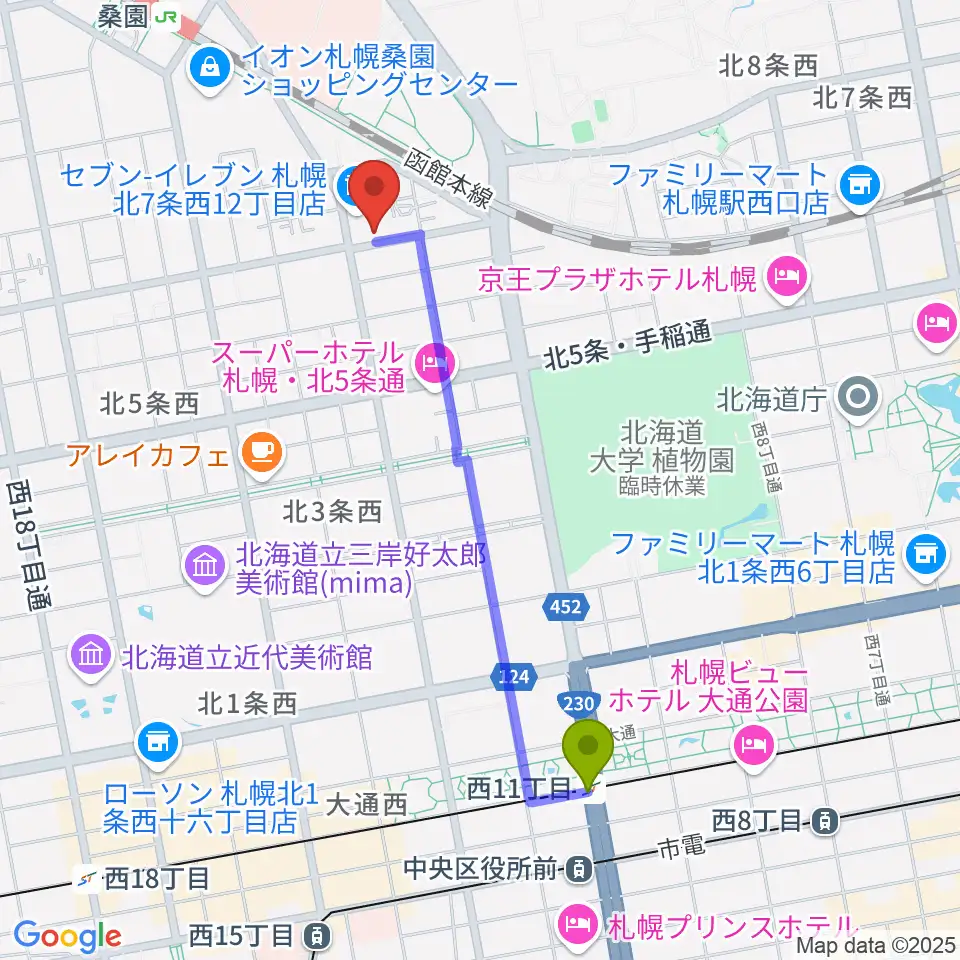 西１１丁目駅からメリフラウズサウンド桑園教室へのルートマップ地図