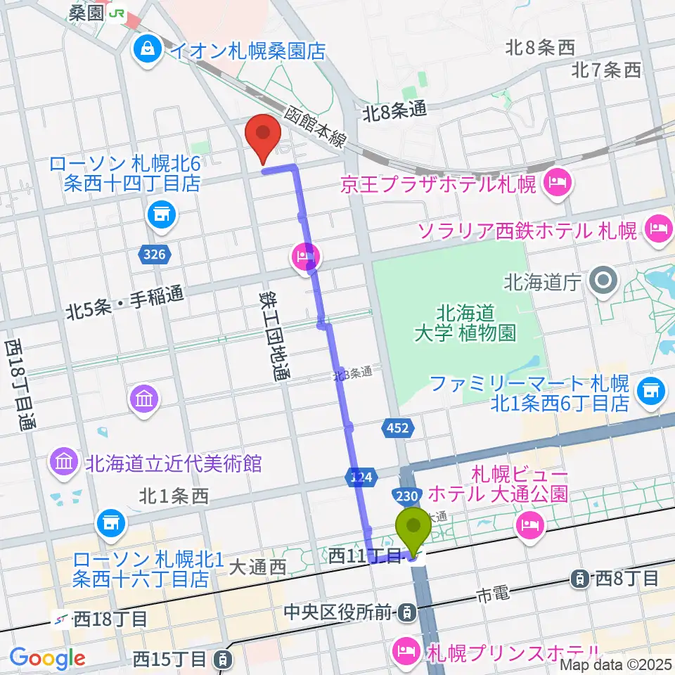 西１１丁目駅からメリフラウズサウンド桑園教室へのルートマップ地図