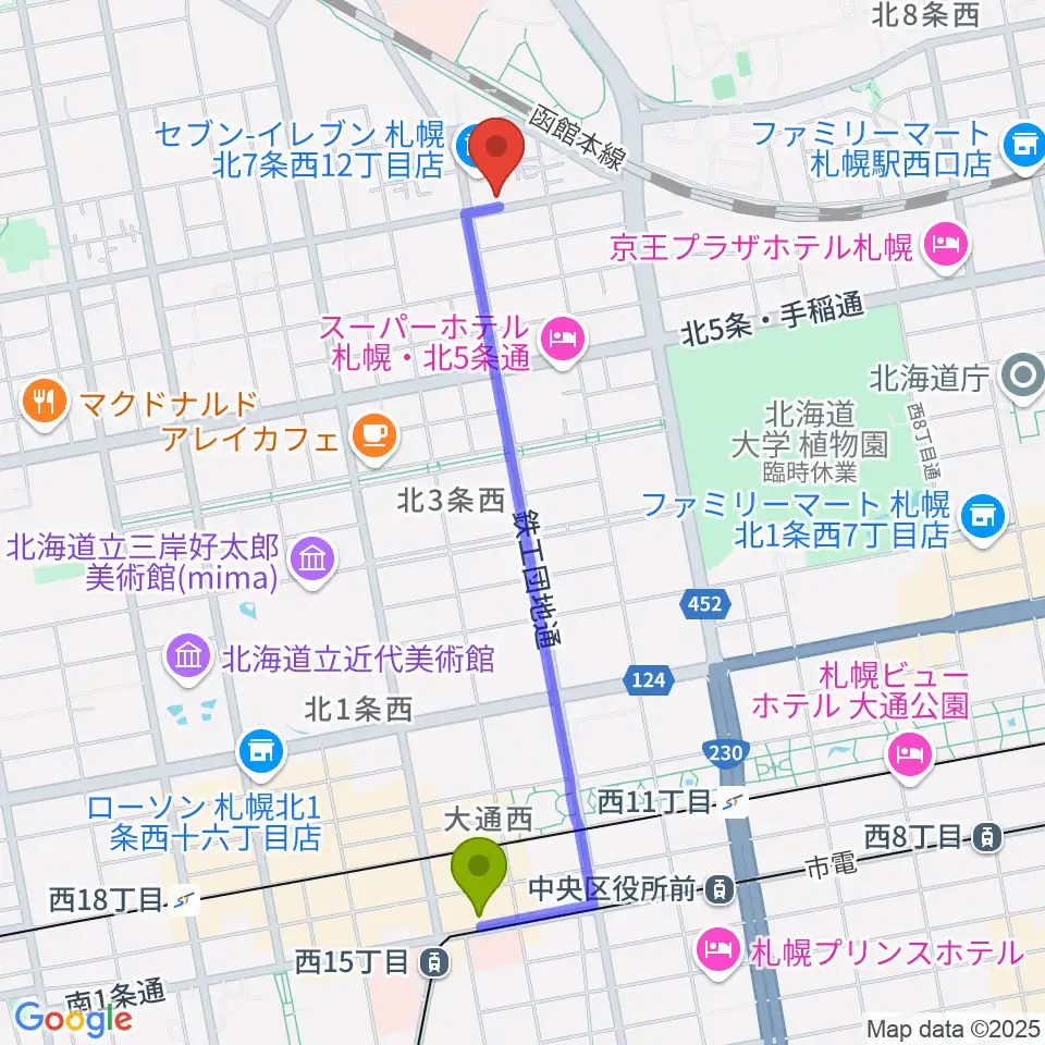 西１５丁目駅からメリフラウズサウンド桑園教室へのルートマップ地図