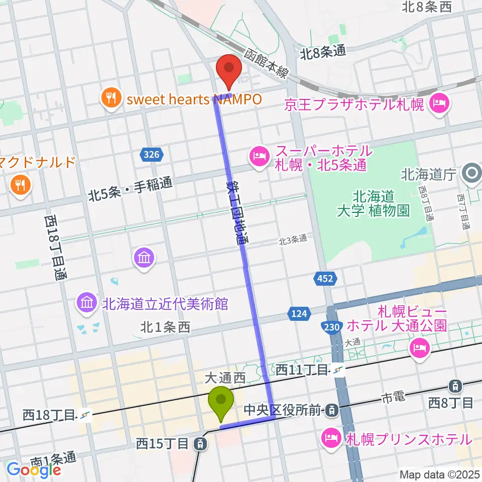 西１５丁目駅からメリフラウズサウンド桑園教室へのルートマップ地図