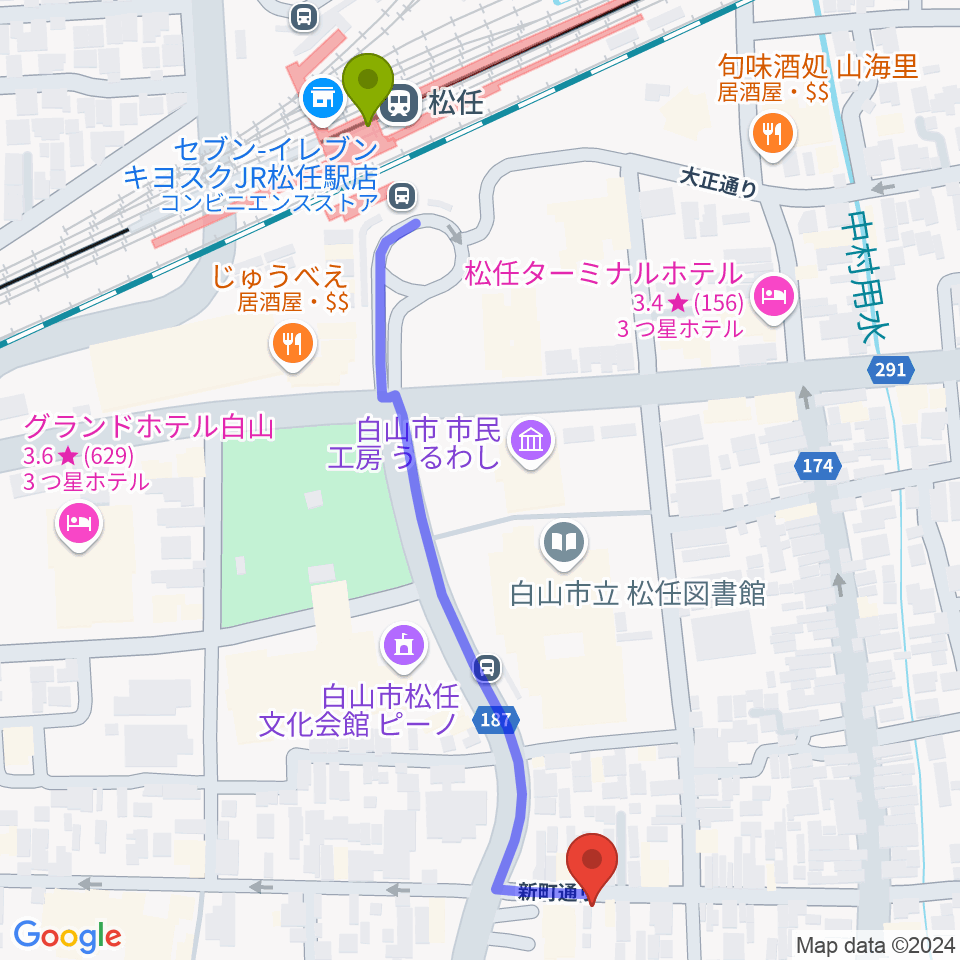 ICMFguitarstudio 森充ギター教室の最寄駅松任駅からの徒歩ルート（約6分）地図