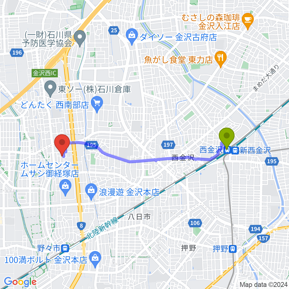 西金沢駅からギター・ジェネレーション・ティーズへのルートマップ地図