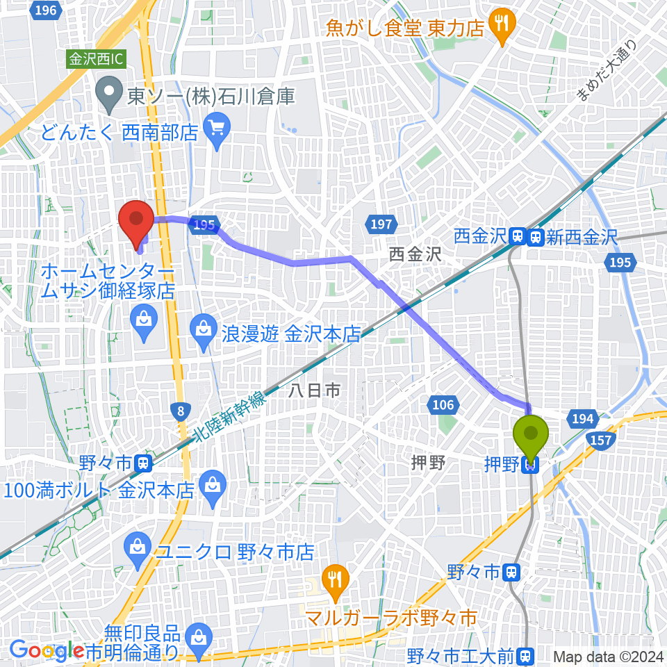 押野駅からギター・ジェネレーション・ティーズへのルートマップ地図