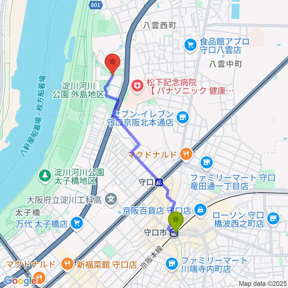 守口市駅からかわの音楽教室へのルートマップ地図