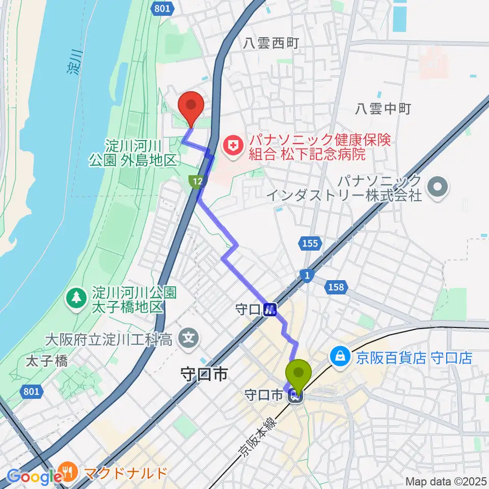 守口市駅からかわの音楽教室へのルートマップ地図
