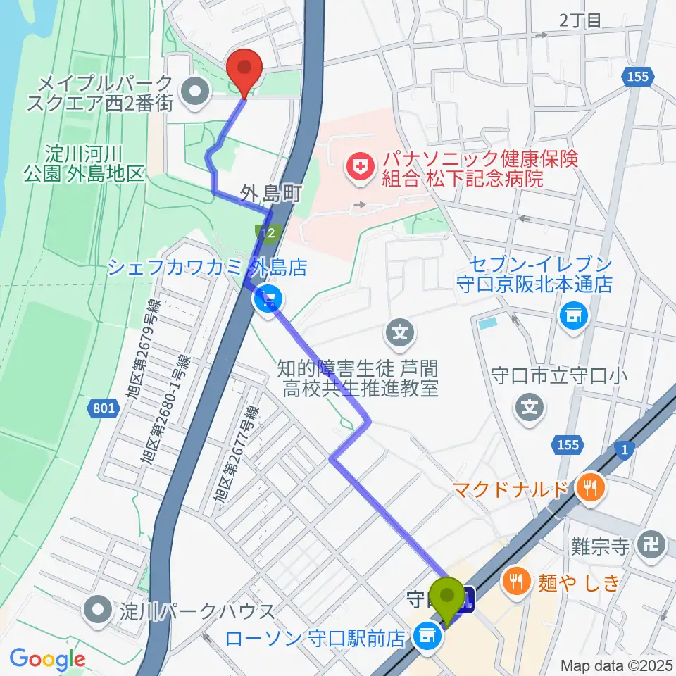 かわの音楽教室の最寄駅守口駅からの徒歩ルート（約13分）地図