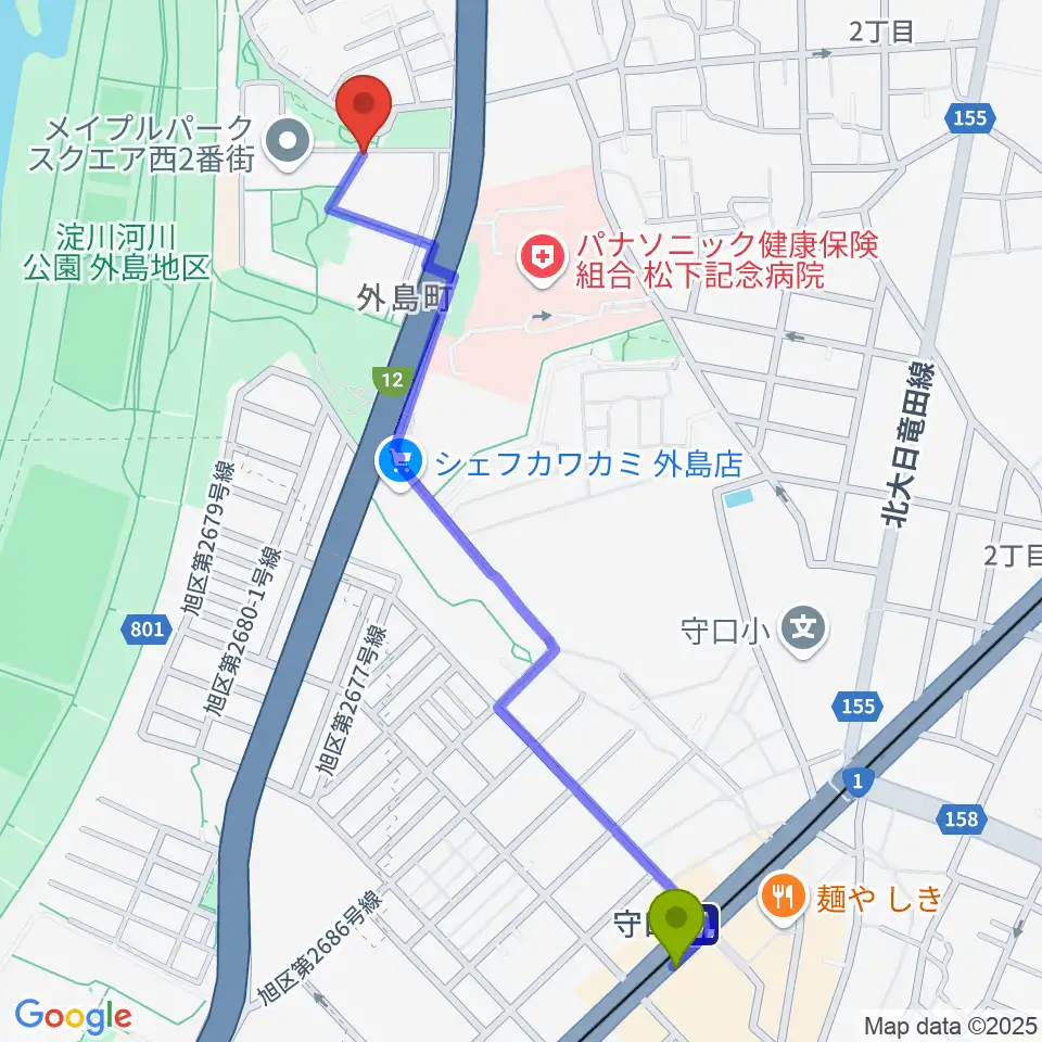 かわの音楽教室の最寄駅守口駅からの徒歩ルート（約13分）地図