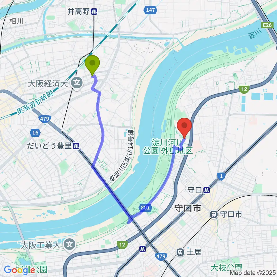 瑞光四丁目駅からかわの音楽教室へのルートマップ地図