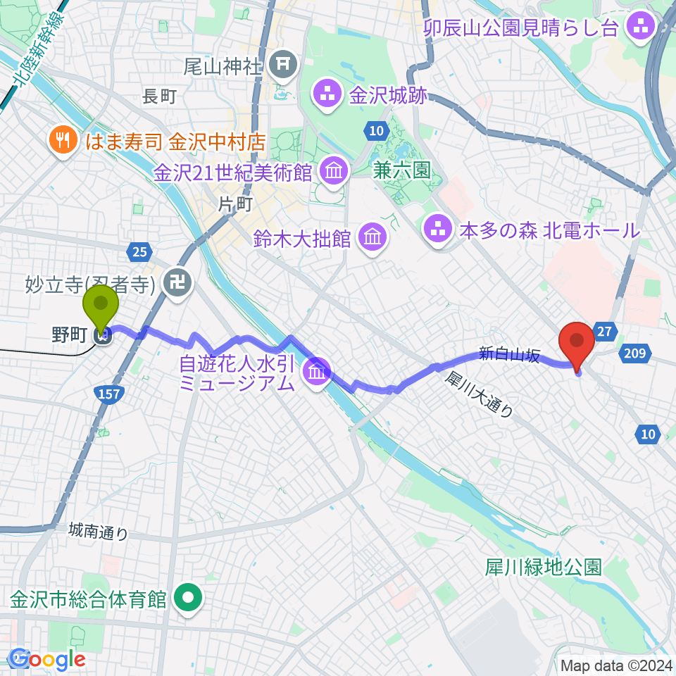 アマルナミュージックスタジオの最寄駅野町駅からの徒歩ルート（約43分）地図