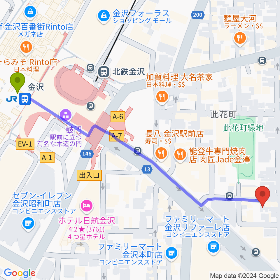 杉野清隆アコースティックギター教室の最寄駅金沢駅からの徒歩ルート（約7分）地図