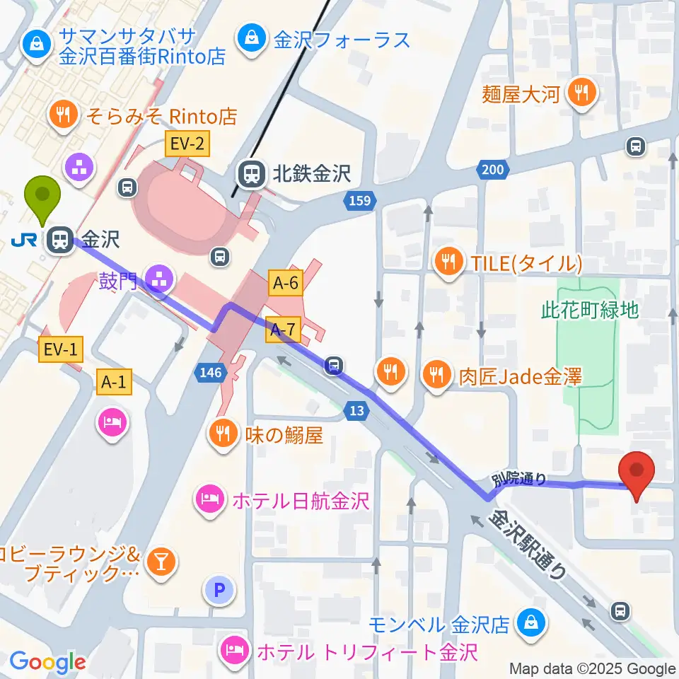 杉野清隆アコースティックギター教室の最寄駅金沢駅からの徒歩ルート（約7分）地図