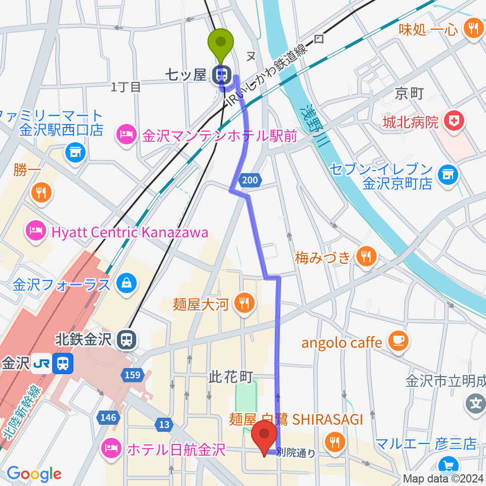 七ツ屋駅から杉野清隆アコースティックギター教室へのルートマップ地図