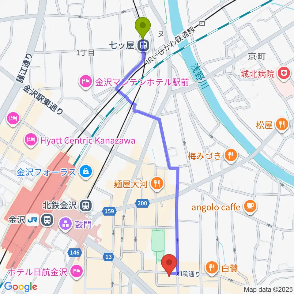 七ツ屋駅から杉野清隆アコースティックギター教室へのルートマップ地図