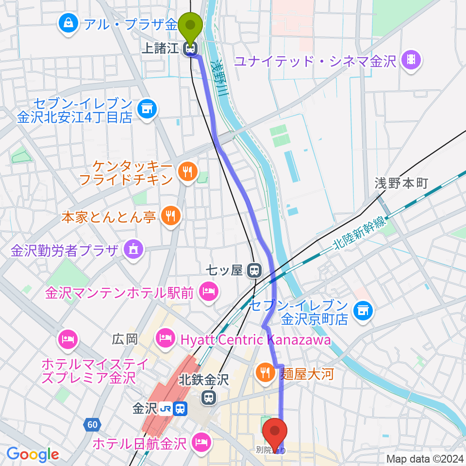 上諸江駅から杉野清隆アコースティックギター教室へのルートマップ地図