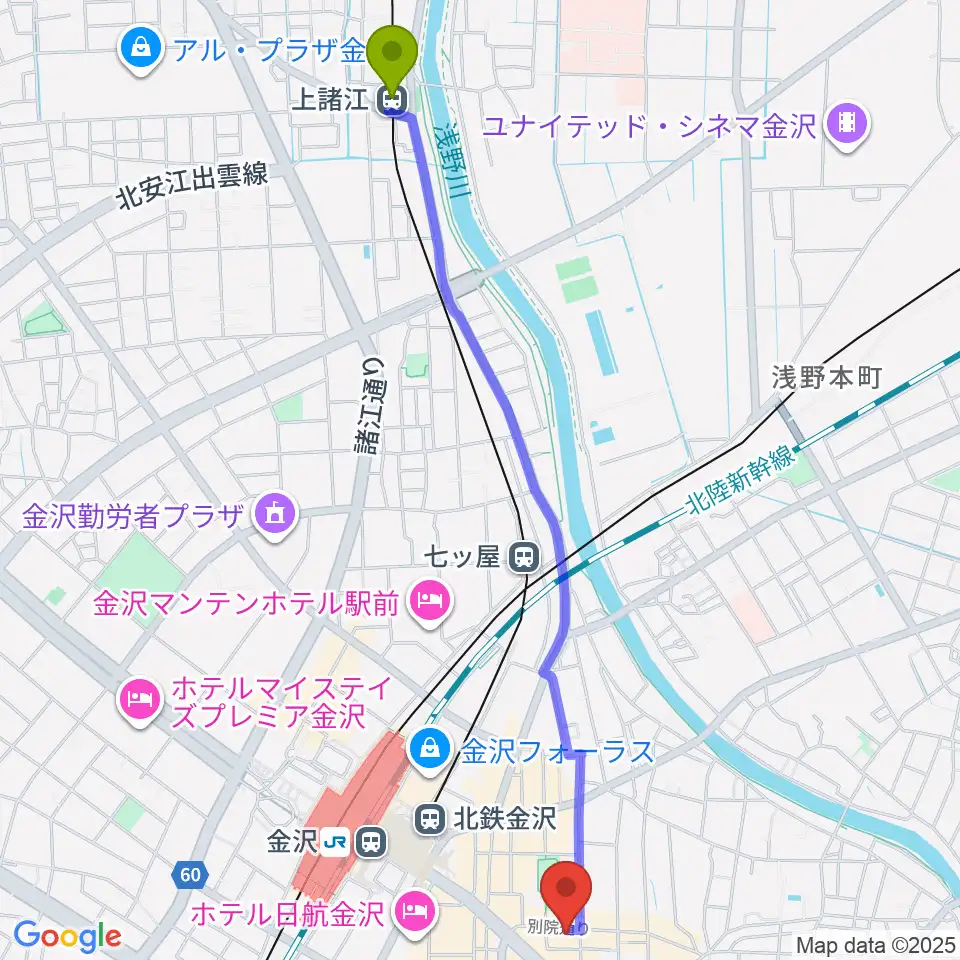 上諸江駅から杉野清隆アコースティックギター教室へのルートマップ地図