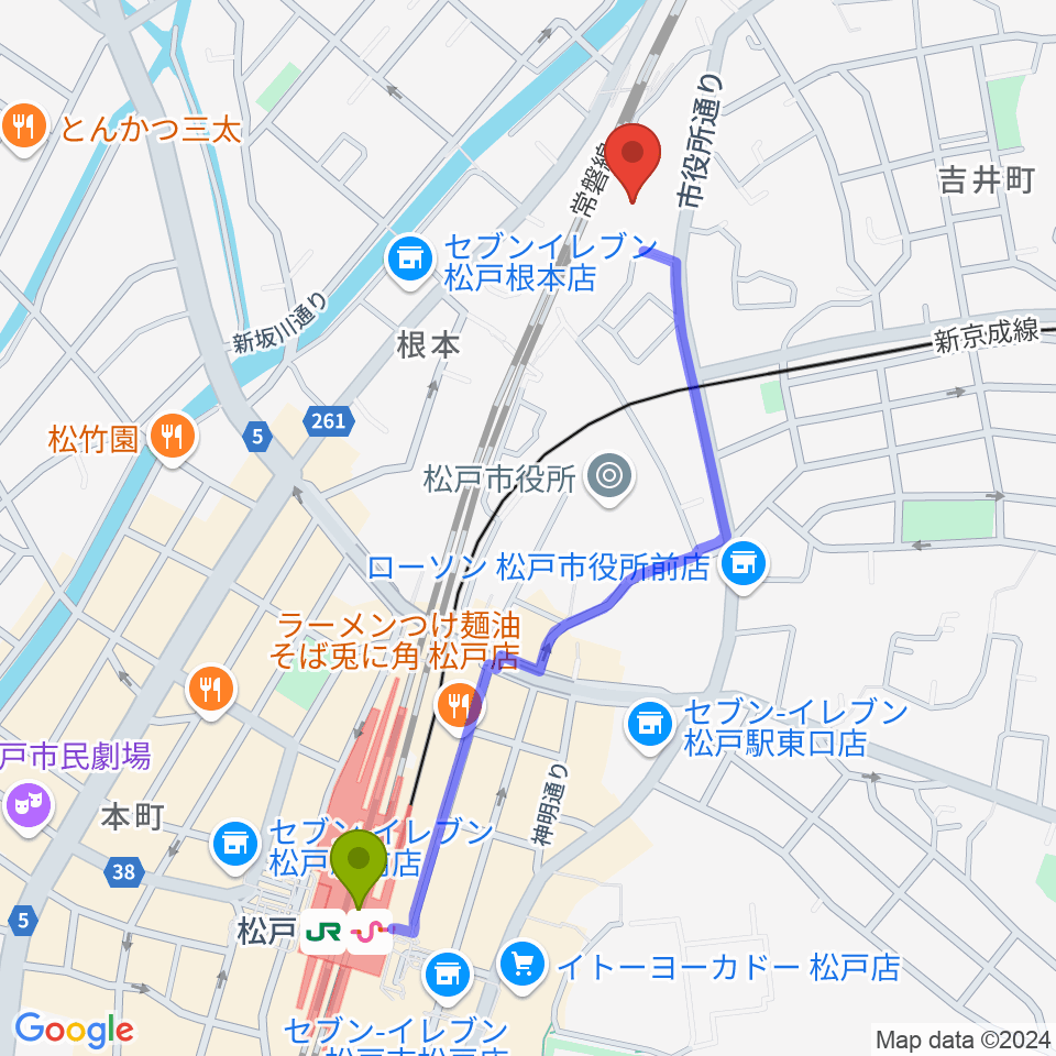 礒山久理ピアノ教室の最寄駅松戸駅からの徒歩ルート（約11分）地図