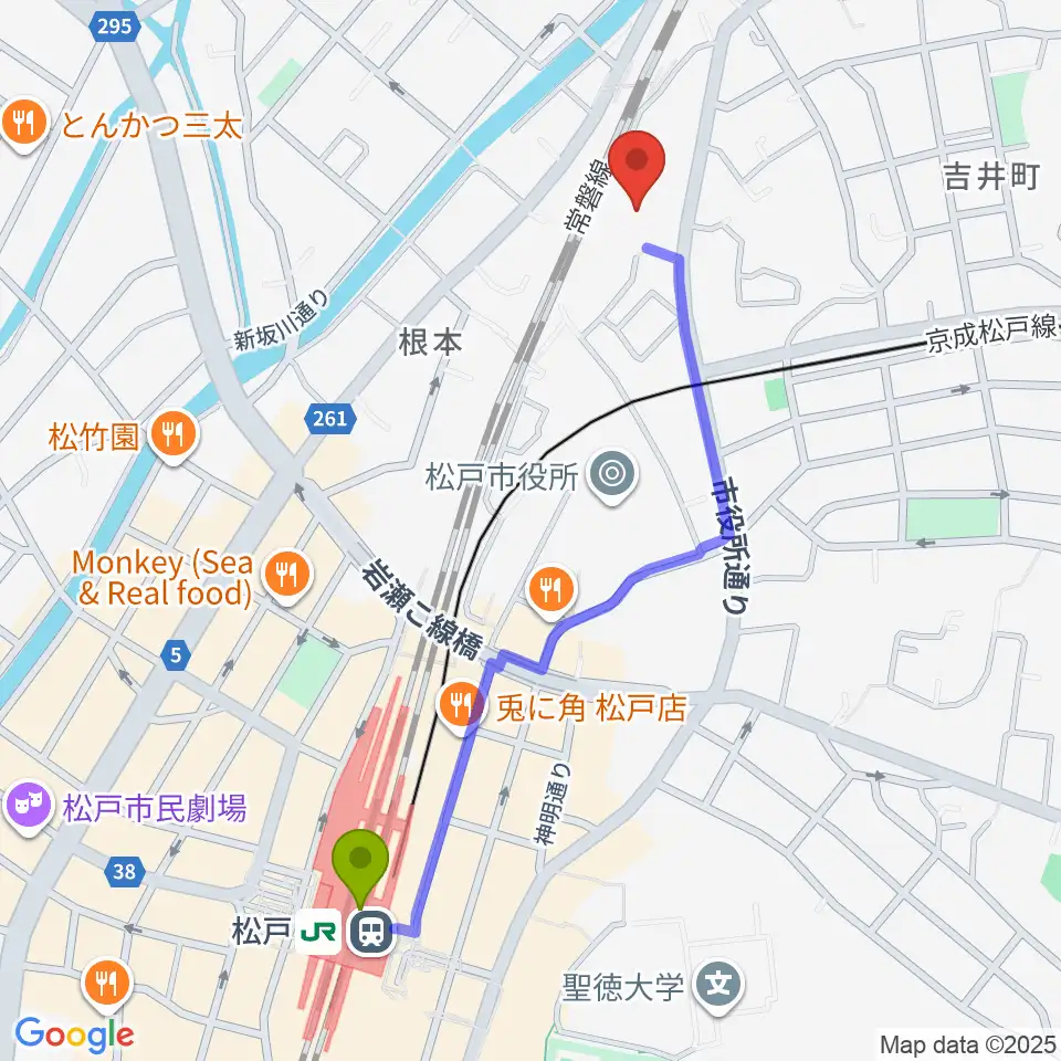 礒山久理ピアノ教室の最寄駅松戸駅からの徒歩ルート（約11分）地図