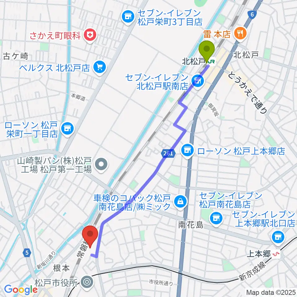 北松戸駅から礒山久理ピアノ教室へのルートマップ地図