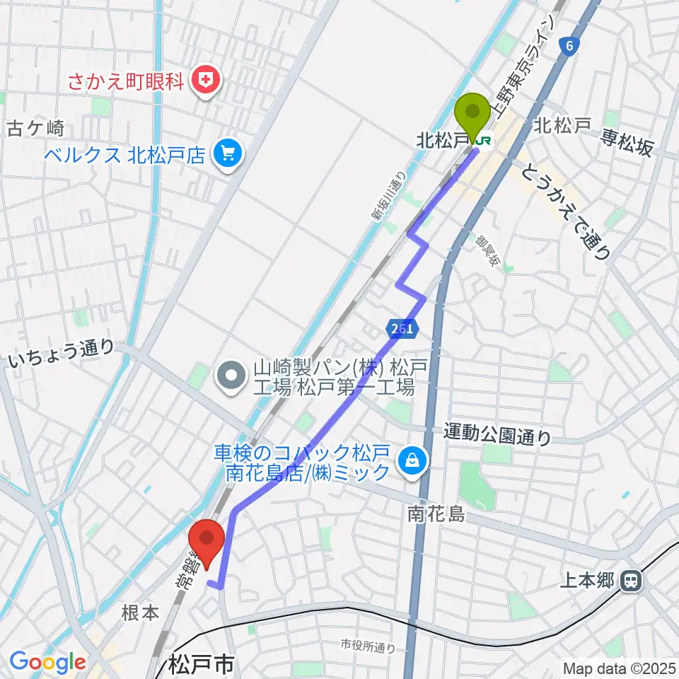 北松戸駅から礒山久理ピアノ教室へのルートマップ地図