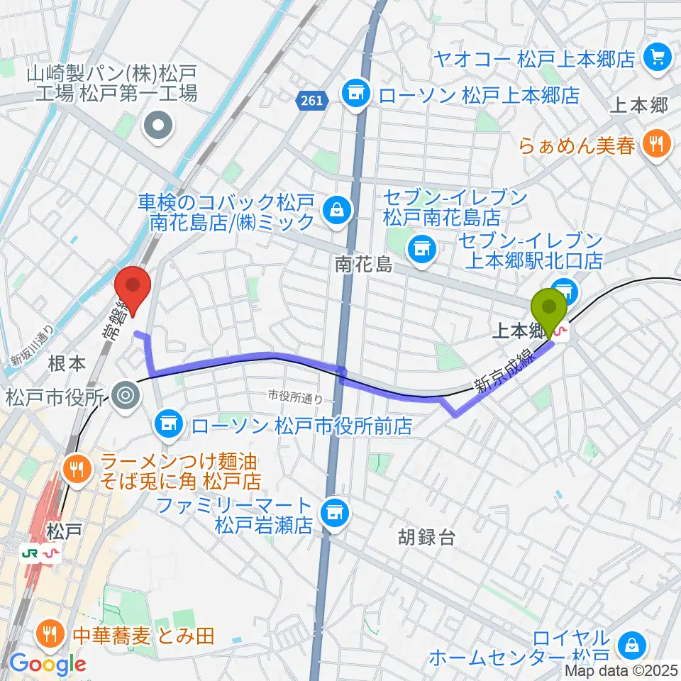 上本郷駅から礒山久理ピアノ教室へのルートマップ地図