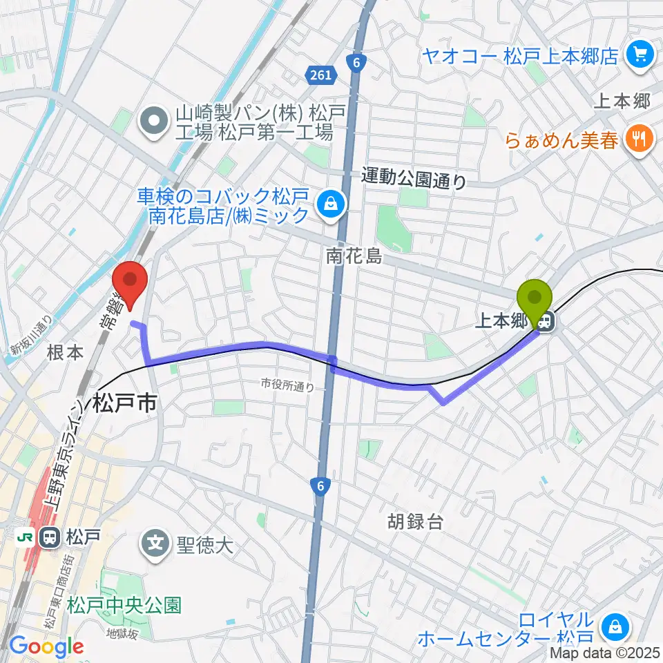 上本郷駅から礒山久理ピアノ教室へのルートマップ地図