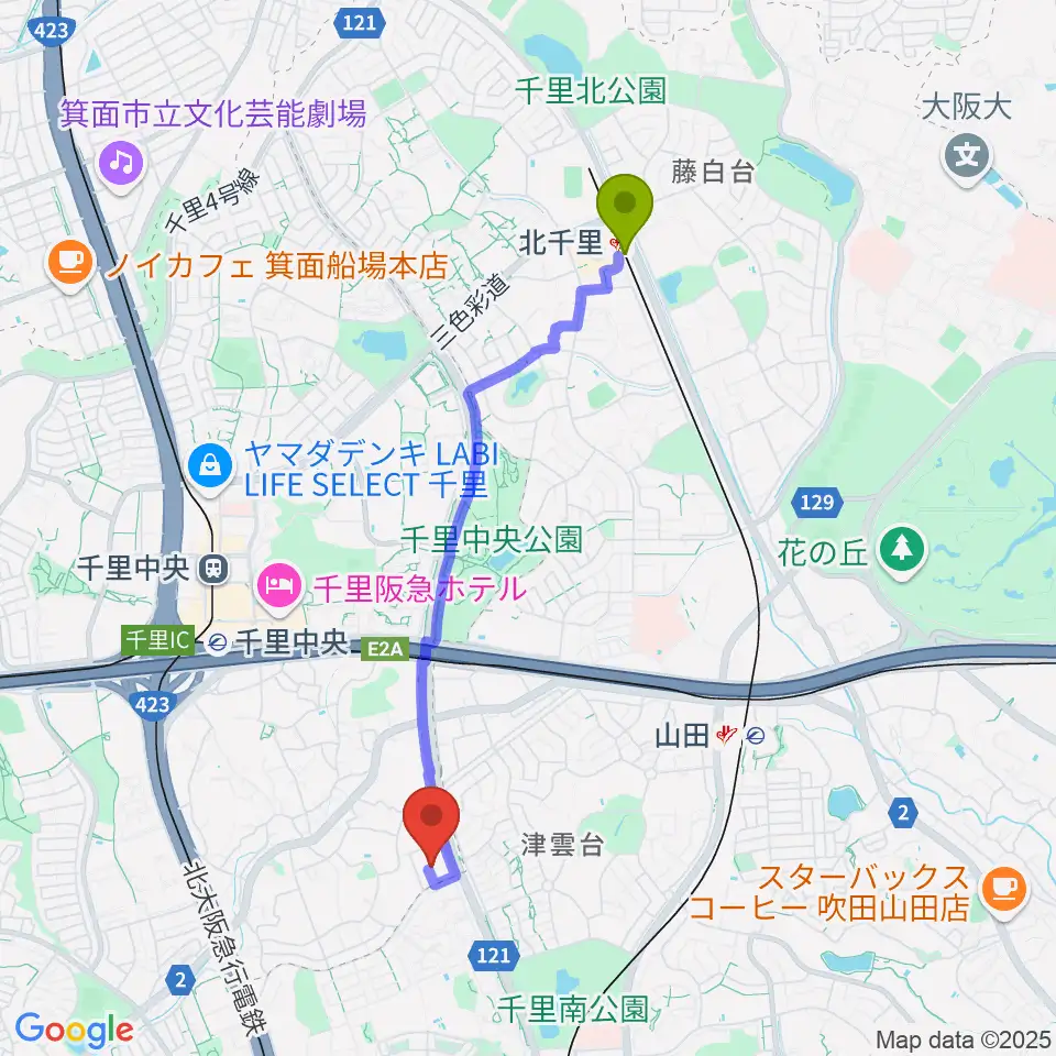 北千里駅から千里音楽園へのルートマップ地図