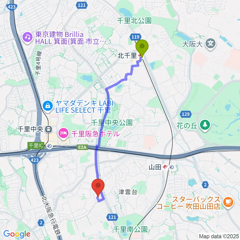 北千里駅から千里音楽園へのルートマップ地図