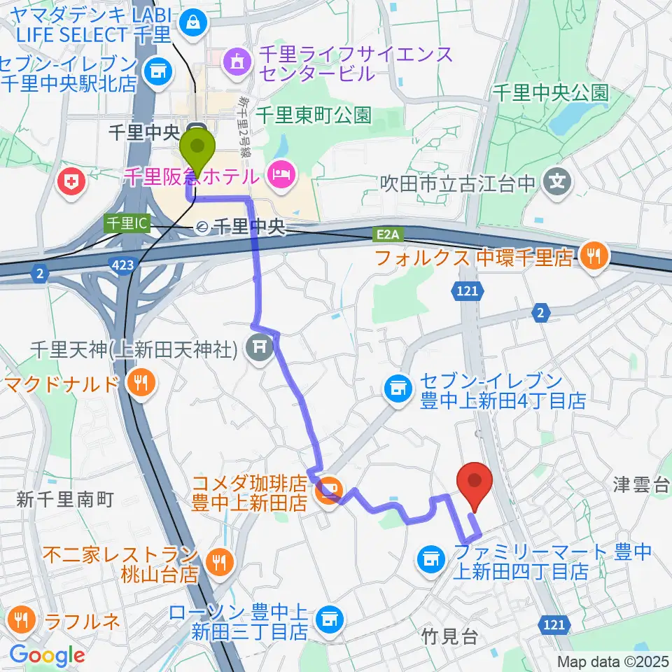 千里中央駅から千里音楽園へのルートマップ地図