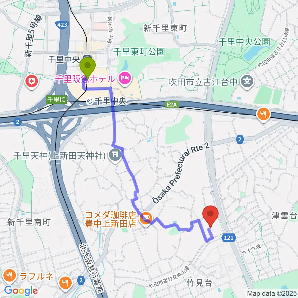 千里中央駅から千里音楽園へのルートマップ地図