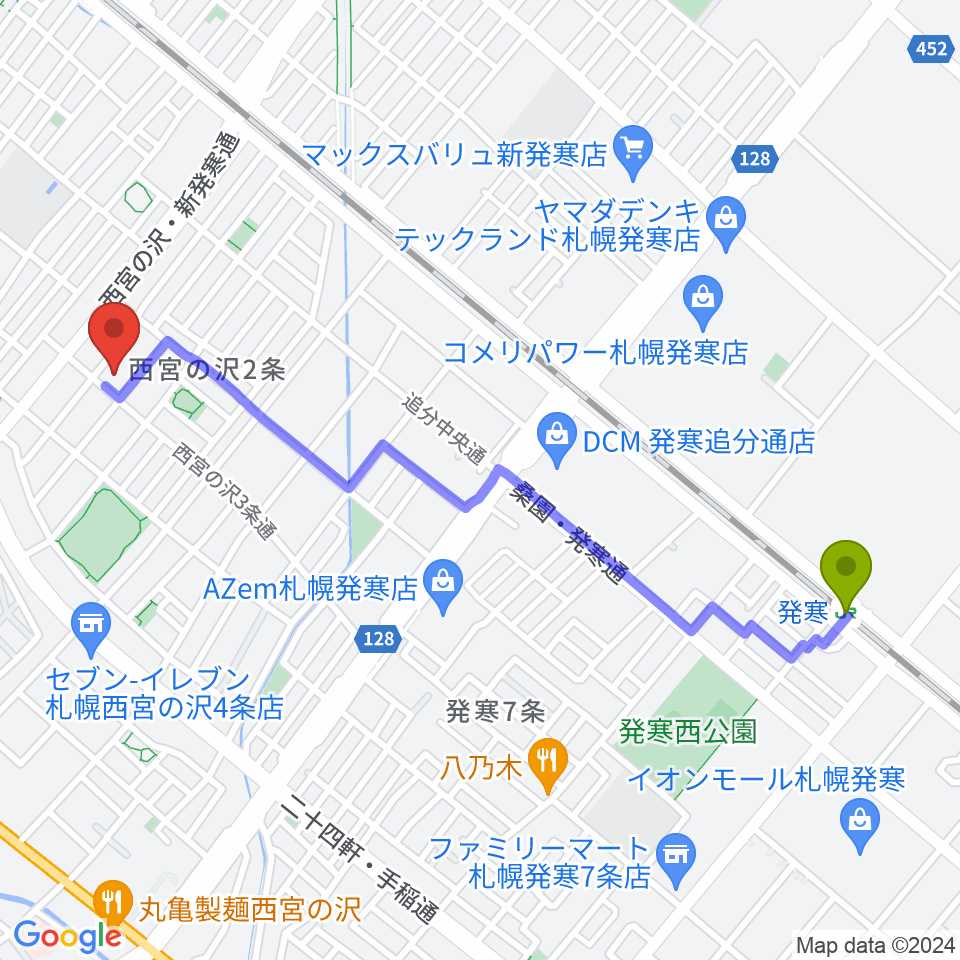 発寒駅から伊藤エレクトーン教室へのルートマップ地図