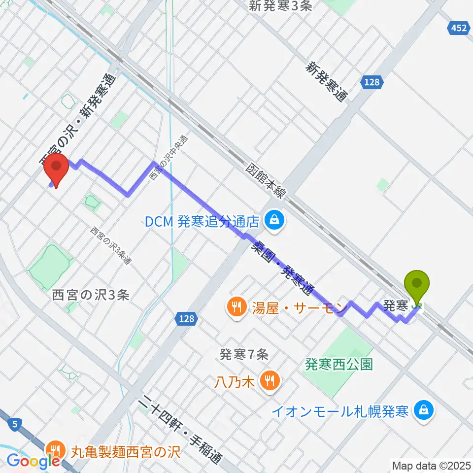 発寒駅から伊藤エレクトーン教室へのルートマップ地図
