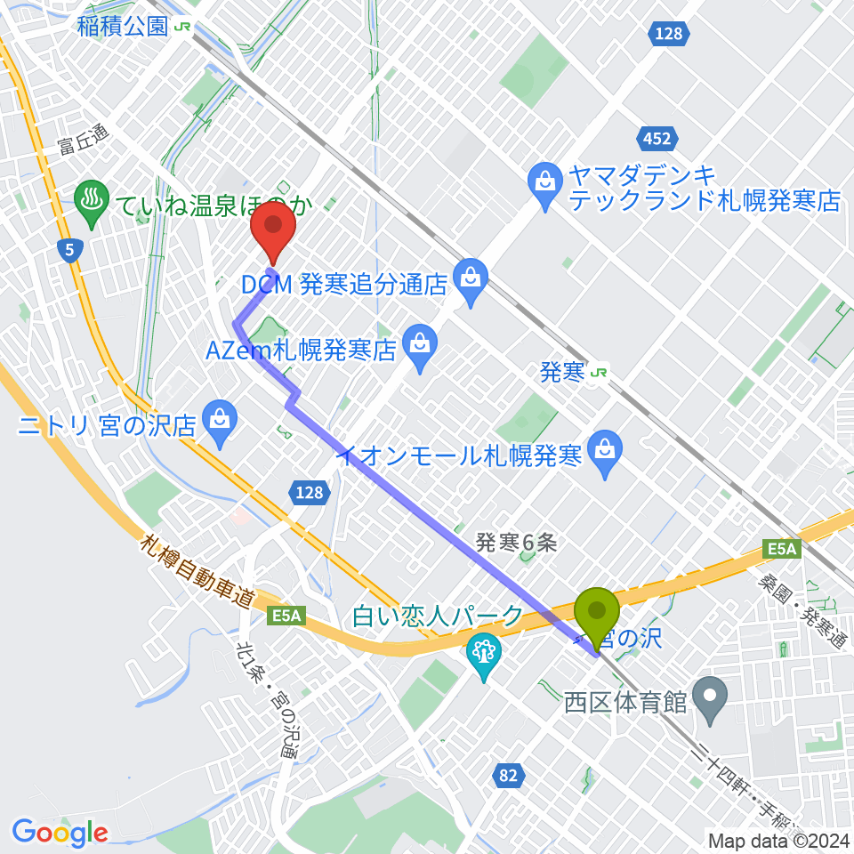 宮の沢駅から伊藤エレクトーン教室へのルートマップ地図