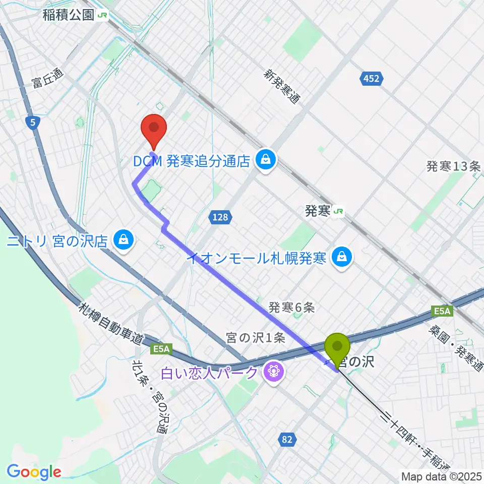 宮の沢駅から伊藤エレクトーン教室へのルートマップ地図