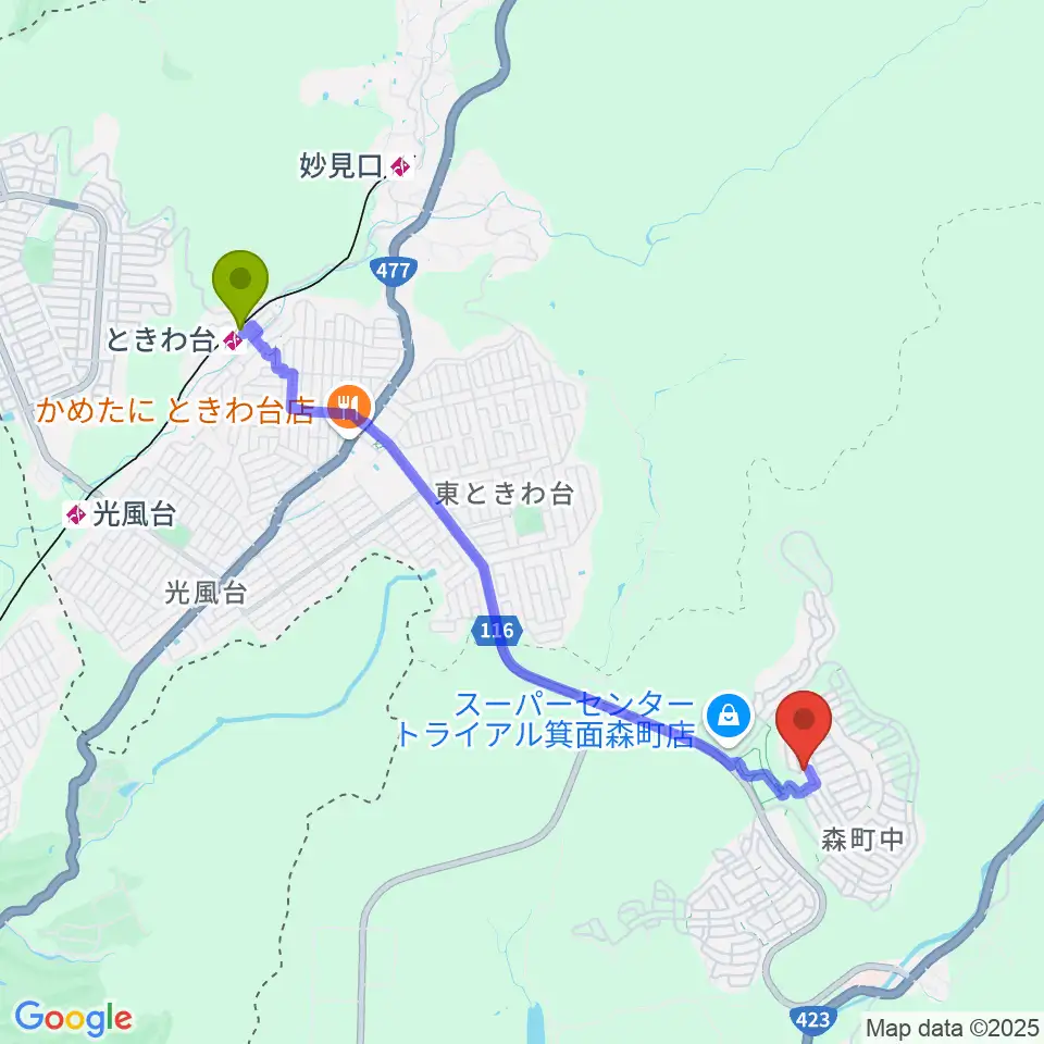 スリージェ ミュージックスクールの最寄駅ときわ台駅からの徒歩ルート（約43分）地図