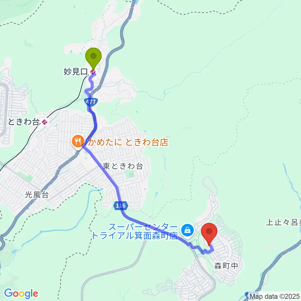 妙見口駅からスリージェ ミュージックスクールへのルートマップ地図