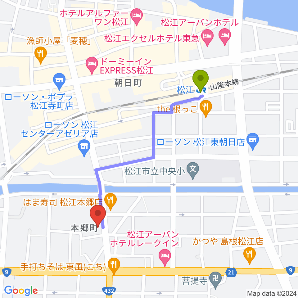 ヤマハパルス米子楽器社 松江店の最寄駅松江駅からの徒歩ルート（約9分）地図