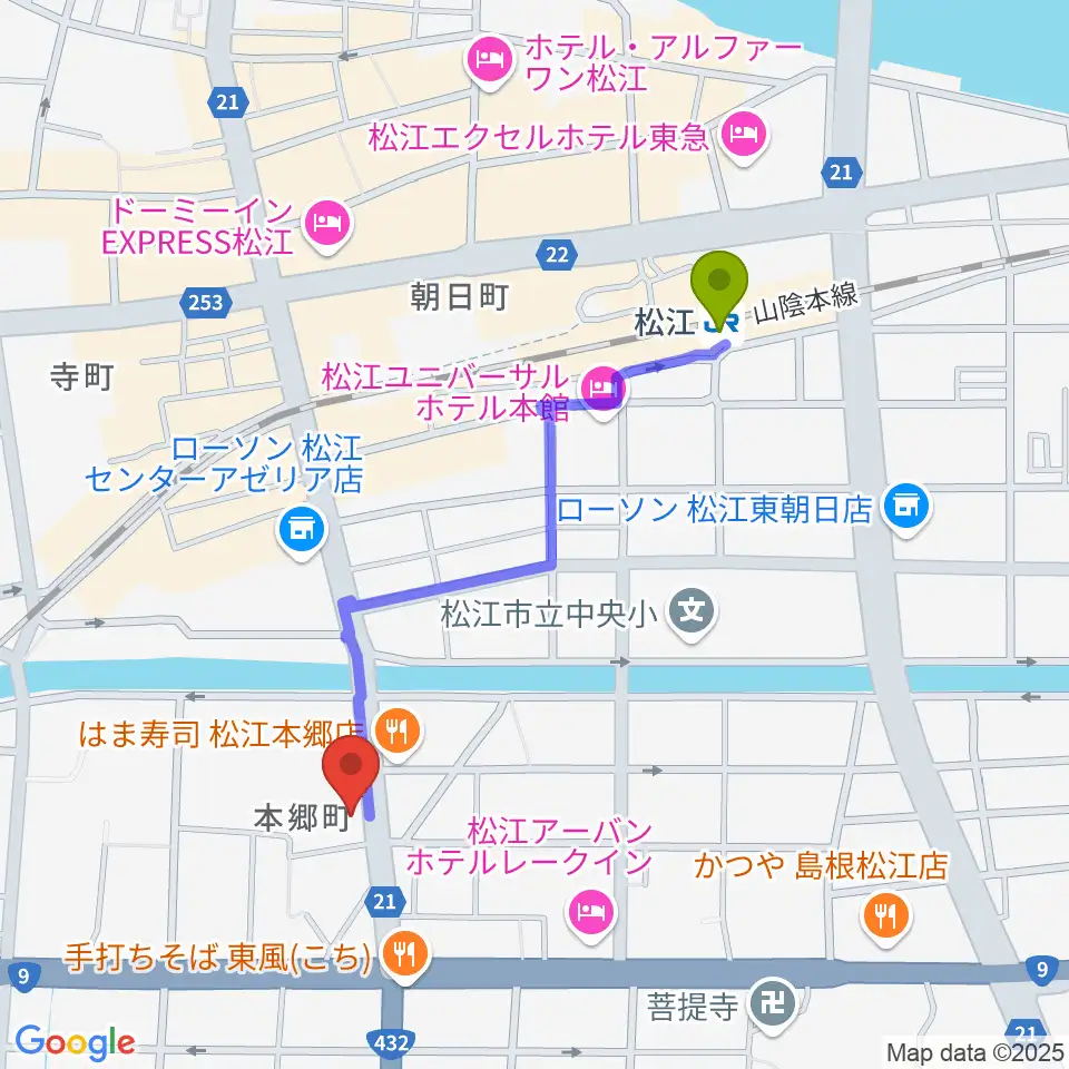 ヤマハパルス米子楽器社 松江店の最寄駅松江駅からの徒歩ルート（約9分）地図