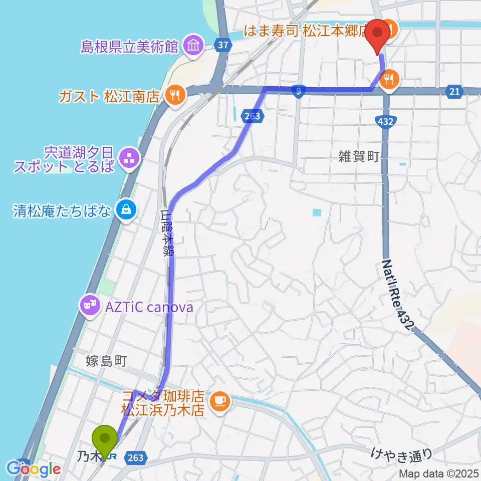 乃木駅からヤマハパルス米子楽器社 松江店へのルートマップ地図