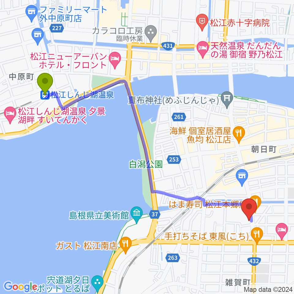 松江しんじ湖温泉駅からヤマハパルス米子楽器社 松江店へのルートマップ地図
