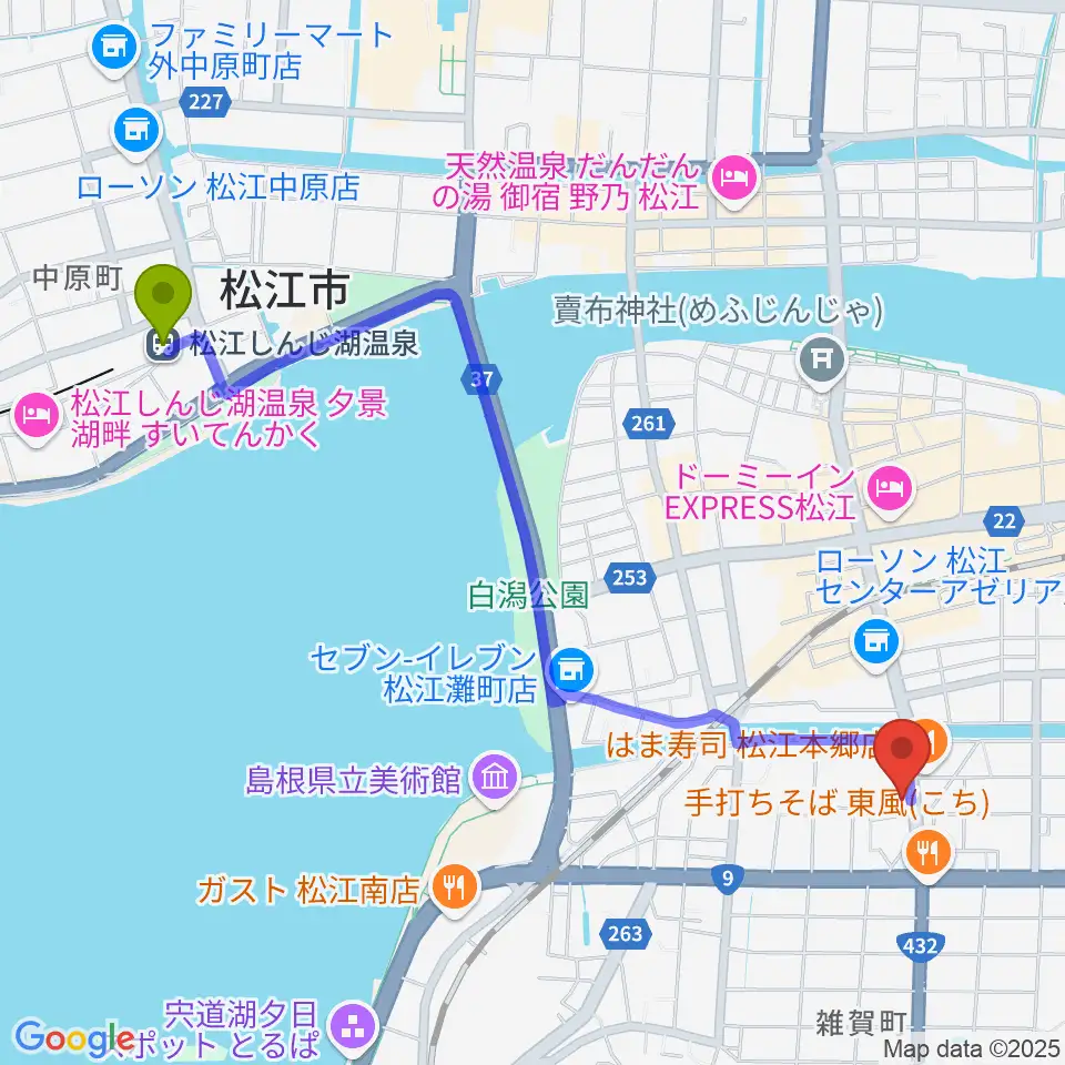 松江しんじ湖温泉駅からヤマハパルス米子楽器社 松江店へのルートマップ地図