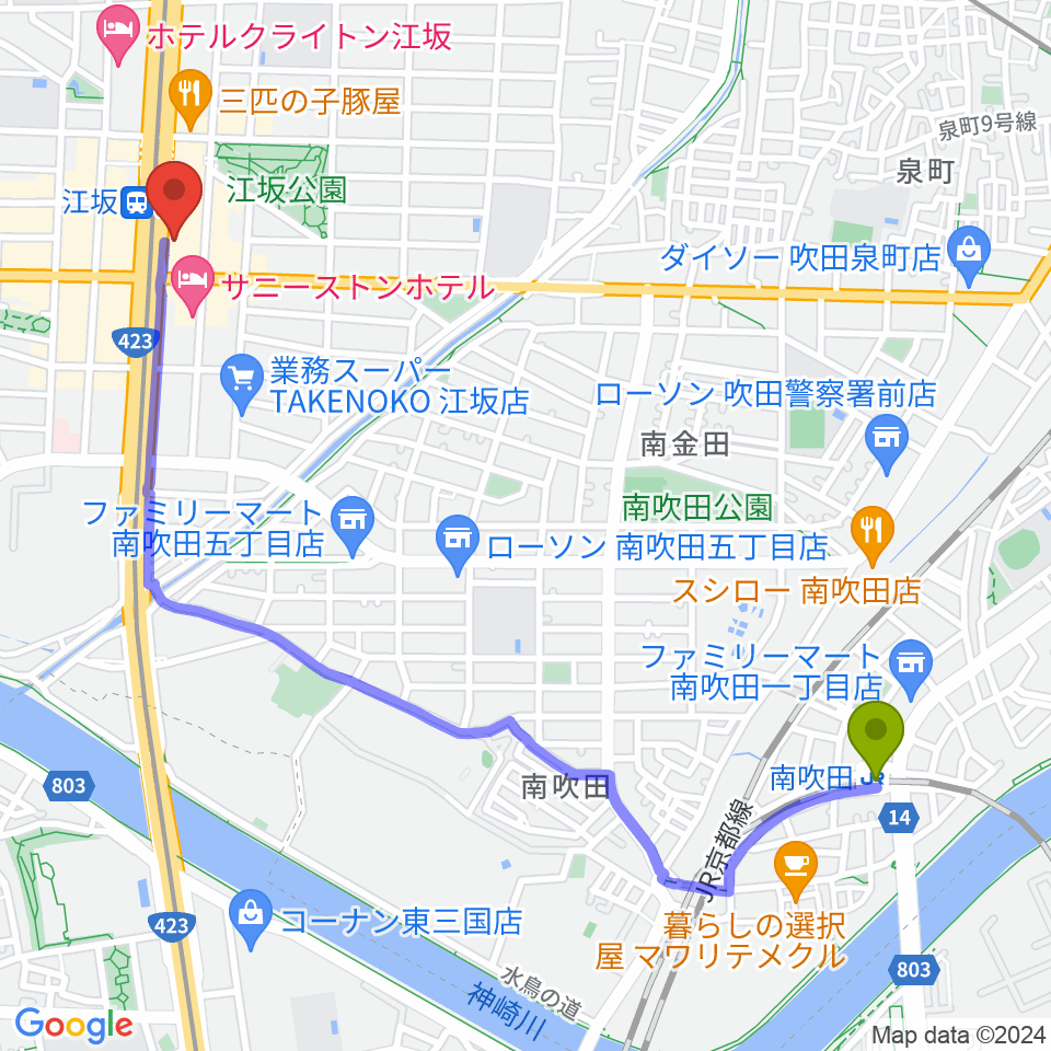 南吹田駅からドルフィンギターズ音楽教室 大阪江坂へのルートマップ地図