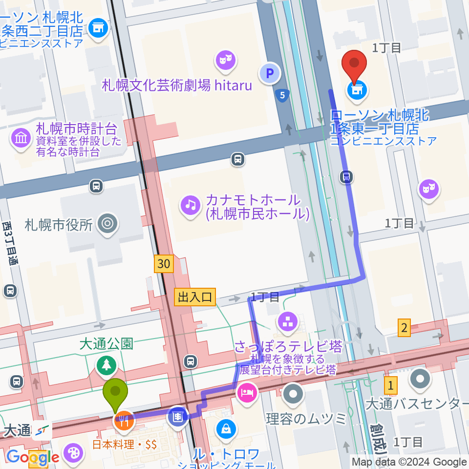 大通駅からコープさっぽろ文化教室 中央文化教室へのルートマップ地図