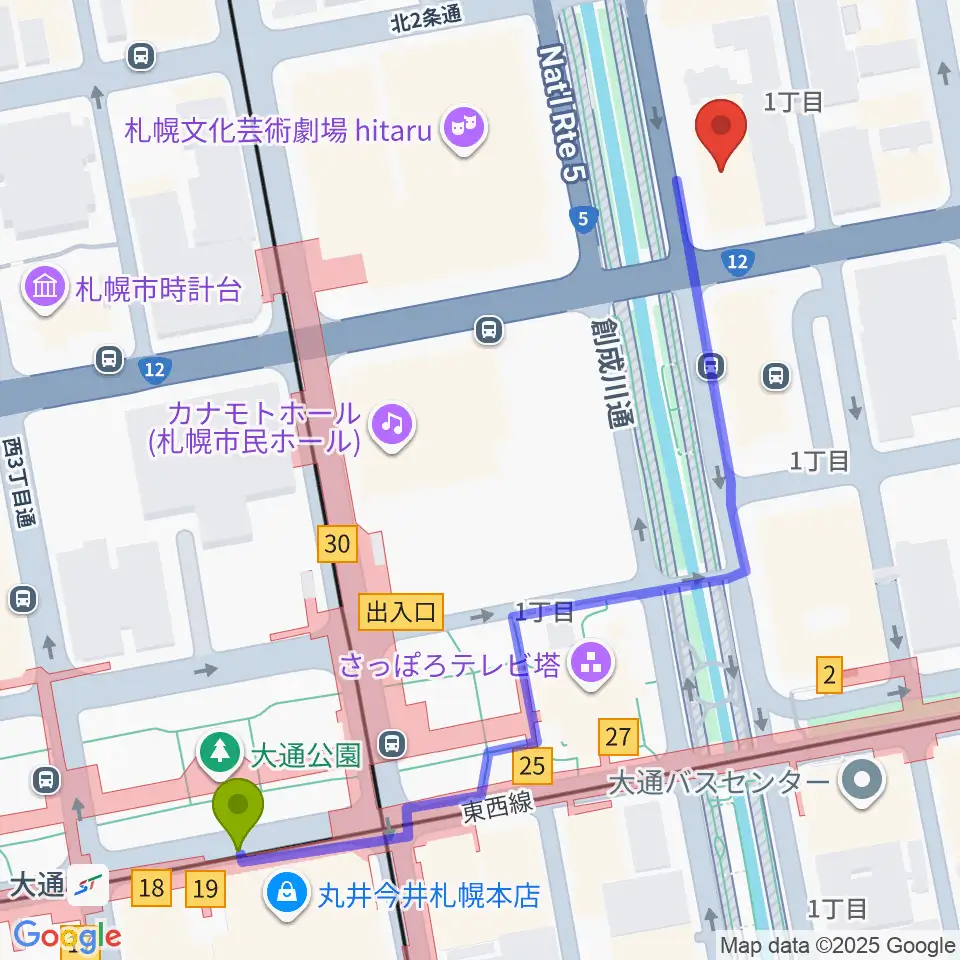 大通駅からコープさっぽろ文化教室 中央文化教室へのルートマップ地図