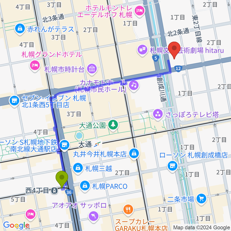 西４丁目駅からコープさっぽろ文化教室 中央文化教室へのルートマップ地図